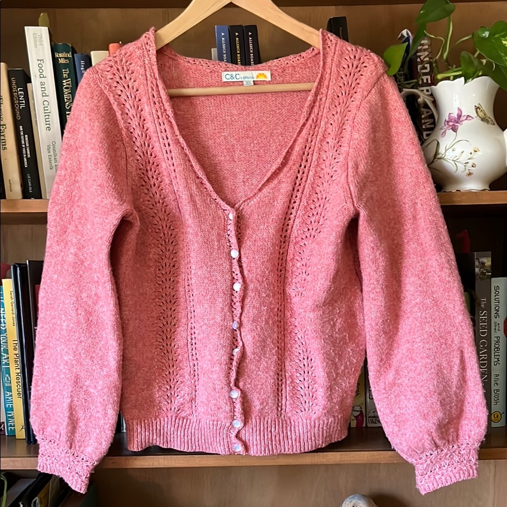 C&C California. Strawberry pink knit cardigan.